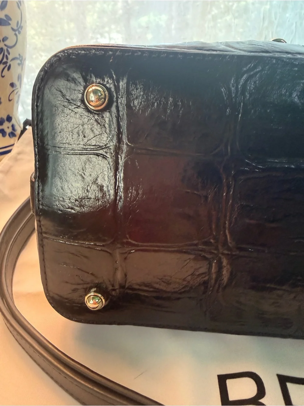 Brahmin Black Croc-Embossed Patent Satchel with Tassel